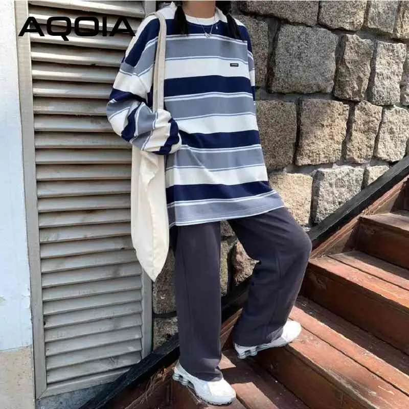 Automne harajuku surdimensionné coton rayé femme mince sweat-shirt lâche o hoodies au cou plus taille femme pulls 210521