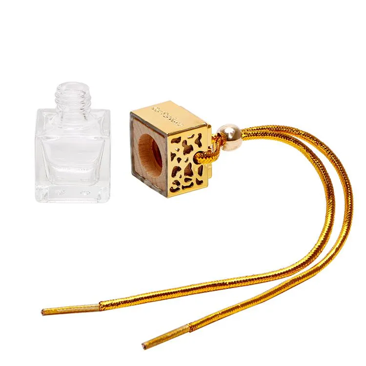 Cube Hollow Car Perfume Bottle Rearview Ornament Hanging Air Freshener For Essential Oils Diffuser Fragrance Empty Glass Bottle Pendant