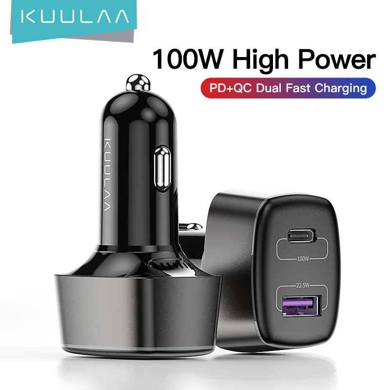 Kuulaa 100W Car USB Typ C Dual Port PD QC Szybkie ładowanie Szybki ładowanie 4.0 3.0 Phone Carger do iPhone 12 Samsung