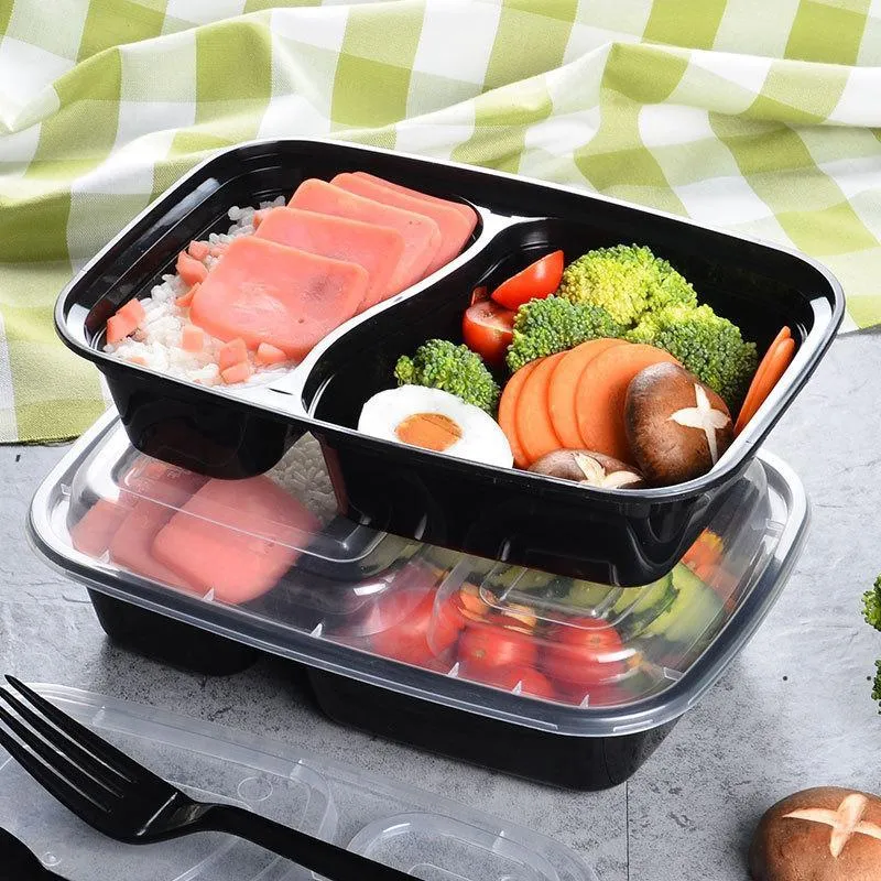 Ny 150Set / Lot Plast Engång BENTO Box Måltid Förvaring Mat Prep Lunchbox 2 Fack Mikrovågsugn Behållare Hem Lunchbox EWD7640