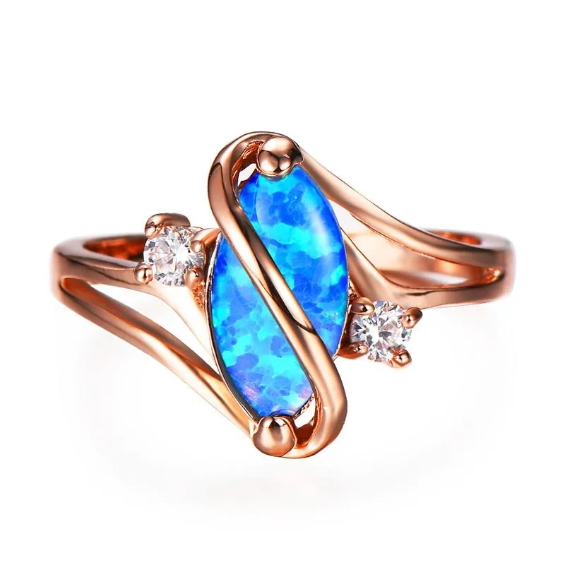 Hochzeit Ringe einzigartige Pferdeauge Rainbow Stein Ring S geformt Blau Weiß Feuer Opal Boho Rose Gold Birthstone Für Frauen Schmuck