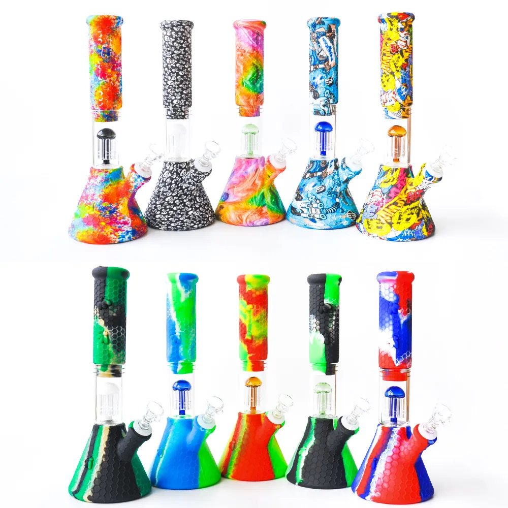 10.5 polegadas Silicone Tubo de Água Hookahs Beaker Bong com tigela de vidro dab oil rig 6 Braços Percoladores acessório para fumar