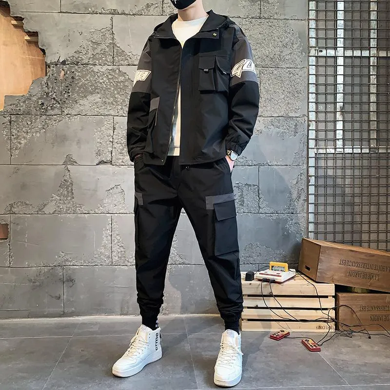 Herrspårar 2 stycken modeuppsättningar herrjackor löst passande elastiska midja byxor hip ropa deportiva hombre last tracksuit