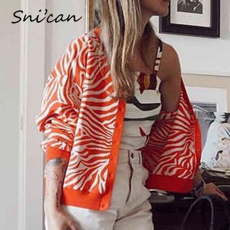 Zebra dzianiny Cardigan Crop Top Pomarańczowy sweter paski Kardigany za kobiety dzianiny Moda Sweter Topy Sueter Feminino Ins 211117