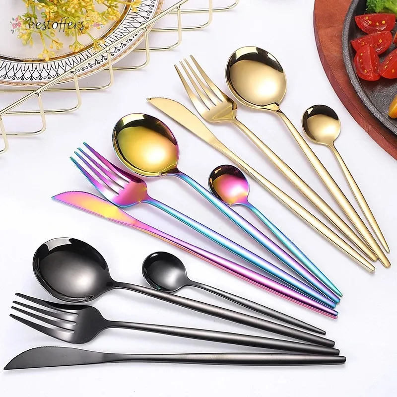 DHL Nowy 4 Sztuk / Zestaw Czarny Złoty Zestaw Sztućców 18/10 Obiad ze stali nierdzewnej Silverware Flatware Zestaw Dinner Nóż Widelec Spoon FY4691 By11