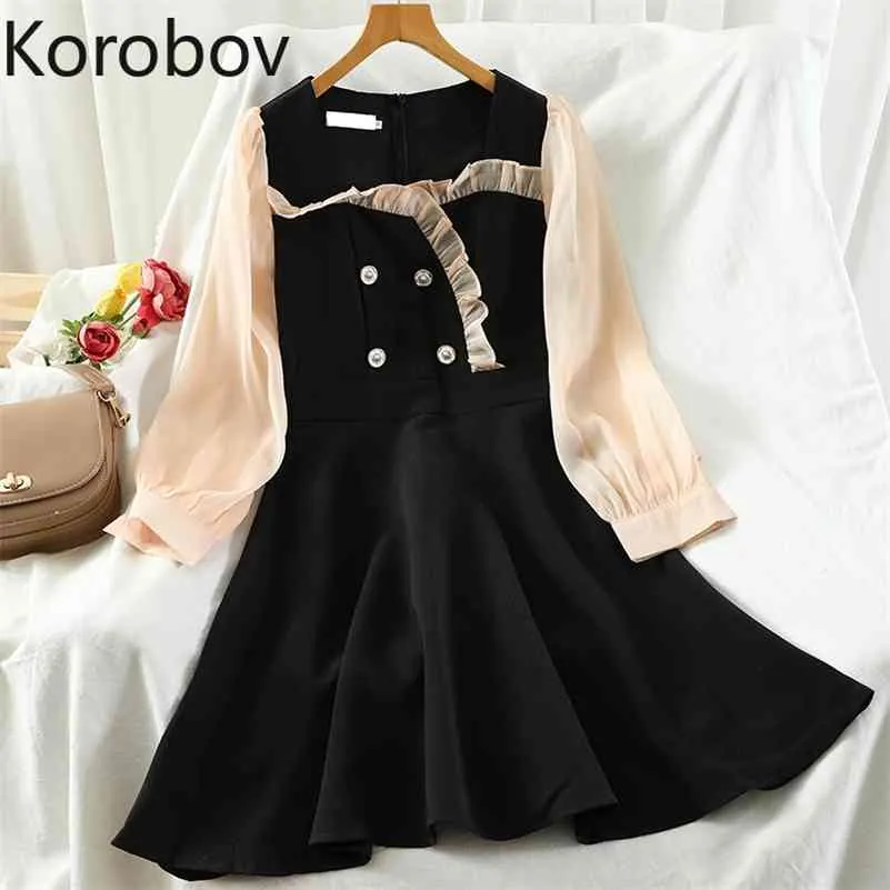 Korobov herfst winter mesh ruches zoete fluwelen jurk Koreaanse kantoor dame zwarte jurken vintage single breasted elegante vestidos 210430