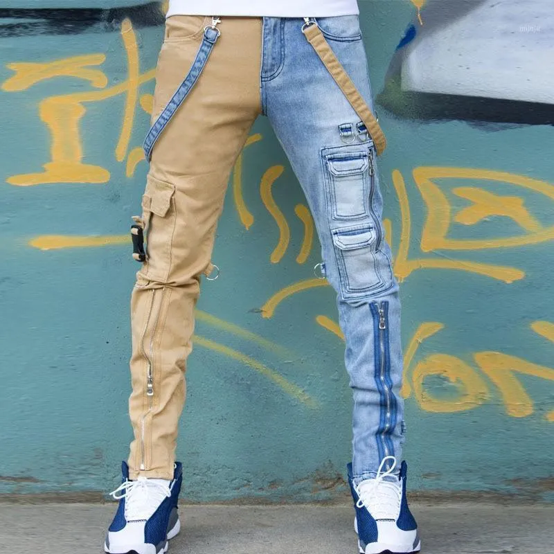 Men's Jeans Color Matching Fashion Pocket Slim Fit Denim Trousers Rap Hip-hop Overalls Plus Size Fashionable Pants