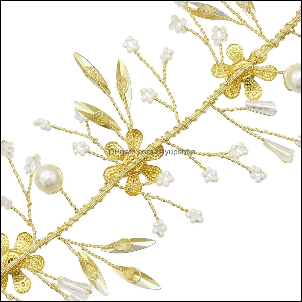 Gold Bridal Headband Rhinestone Floral Wedding Headpiece Hair Vine for Brides Birdal Hair Accessories