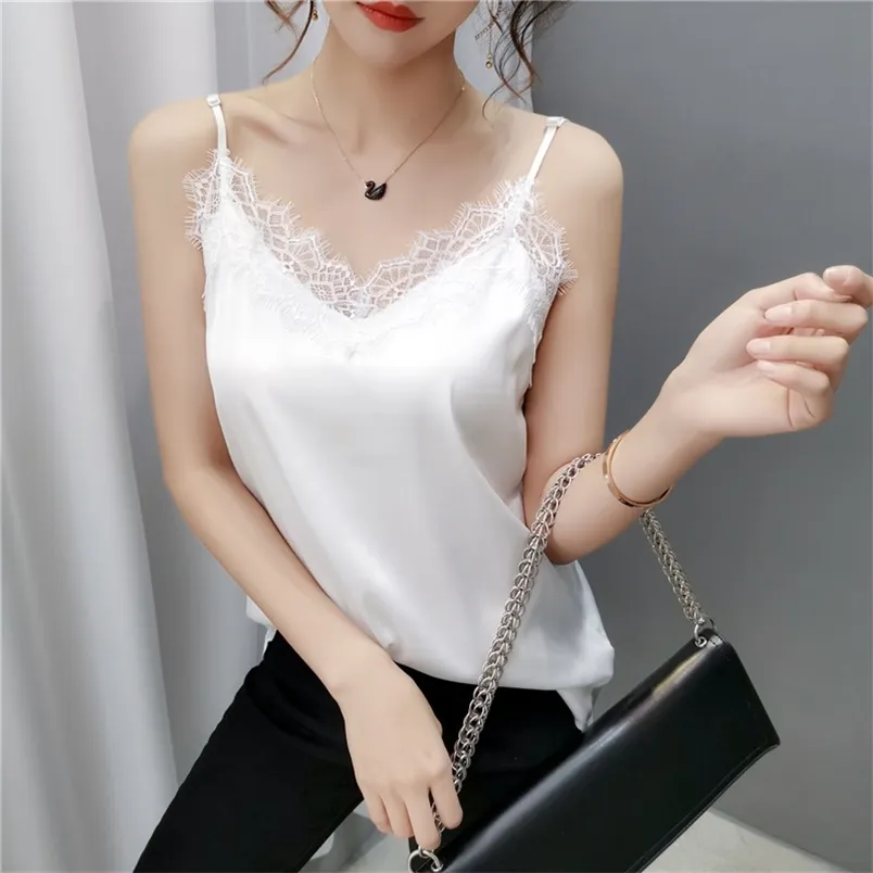 Spaghetti Strap Top Women Halter Basic Cami Sleeveless Satin Lace Silk Tank Tops Women'S Summer Camisole Plus Size Shirts 210507