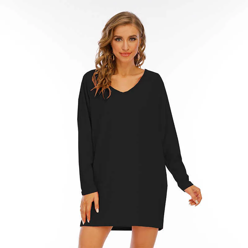 Women Dress V Neck Solid Color Long Sleeve Summer Simplicity Casual Loose Streetwear Beach Above Knee Plus Size Ladies Dresses 210608