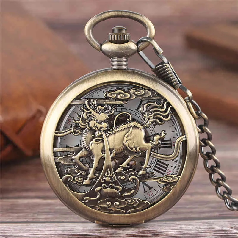 Fantastico orologio da tasca meccanico scheletro Kylin con catena Fob, orologio orientale retrò, simbolo di buona fortuna, regali speciali per la famiglia di amici