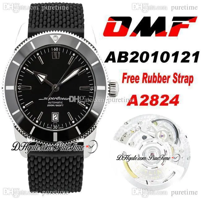 OMF 42mm Superocean Heritage II AB201016 A2824 Automatisk Mens Watch Black Bezel och Dial Stick Markers Gummi Strap Super Edition Eta Klockor PtBL Puretime C03