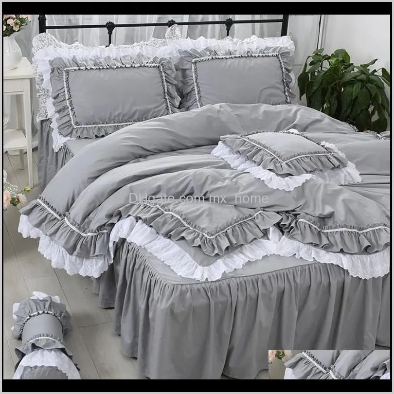 european fashion grey bedding set girl, twin full queen king cotton single double home textile bed skirt pillow case quilt cover