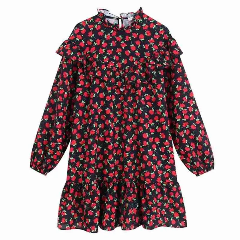 donne dolce cascata volant rosso stampa floreale casual mini abito femminile dritto abiti orlo abiti DS2834 210420