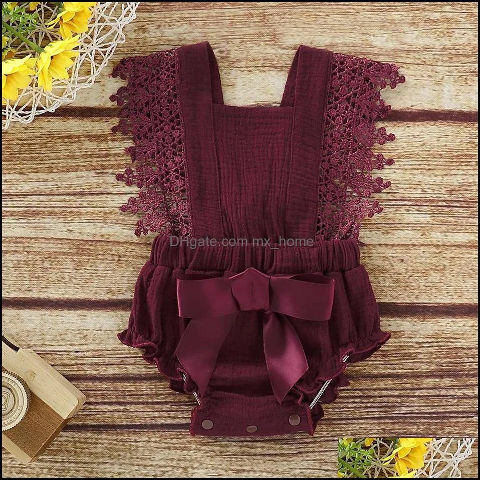 Baby lace Rompers Newborn ruffle Jumpsuits kids bow romper Summer Solid Color Fashion Climbing clothes Z4502