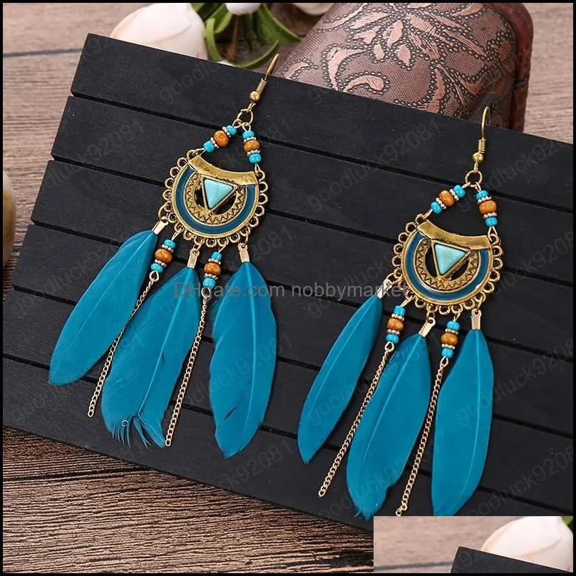 Bohemian White Semicircle Long Feather Tassel Ladies Earrings Women Summer Indian Jewelry Natural Wood Beads Dangle Earrings