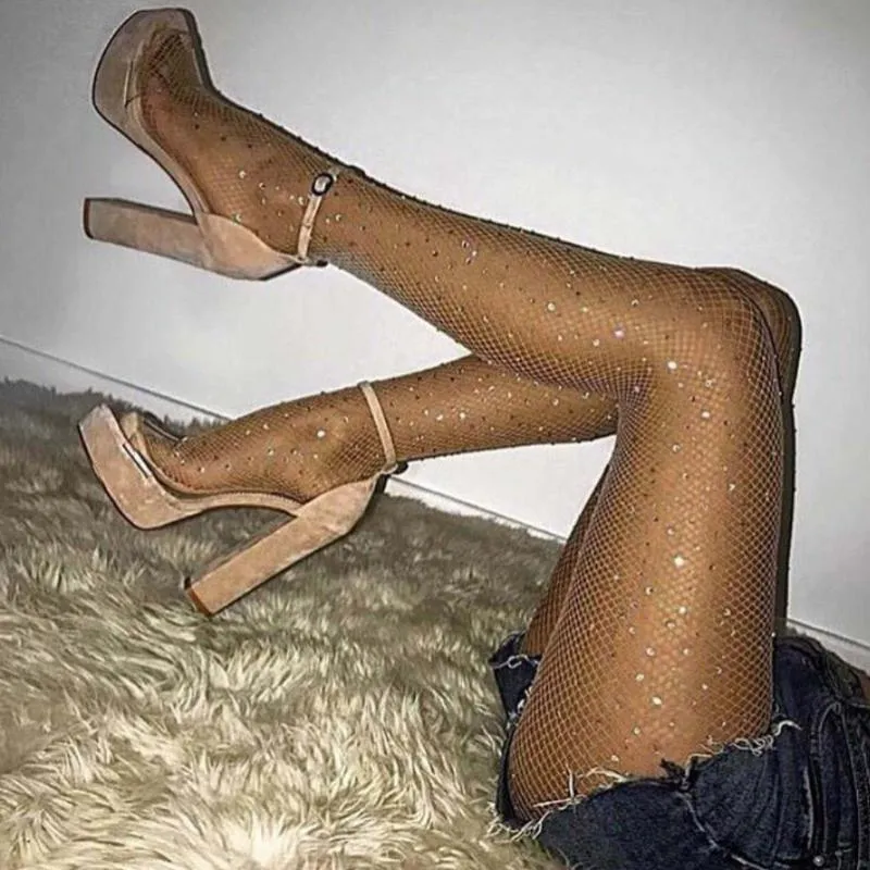 Socken Strumpfwaren Mädchen Fishnet Hohl Bling Strumpfhosen Dame Stretch Elastische Mesh Kristalle Enge Mädchen Strümpfe Sexy Solide Strumpfhosen