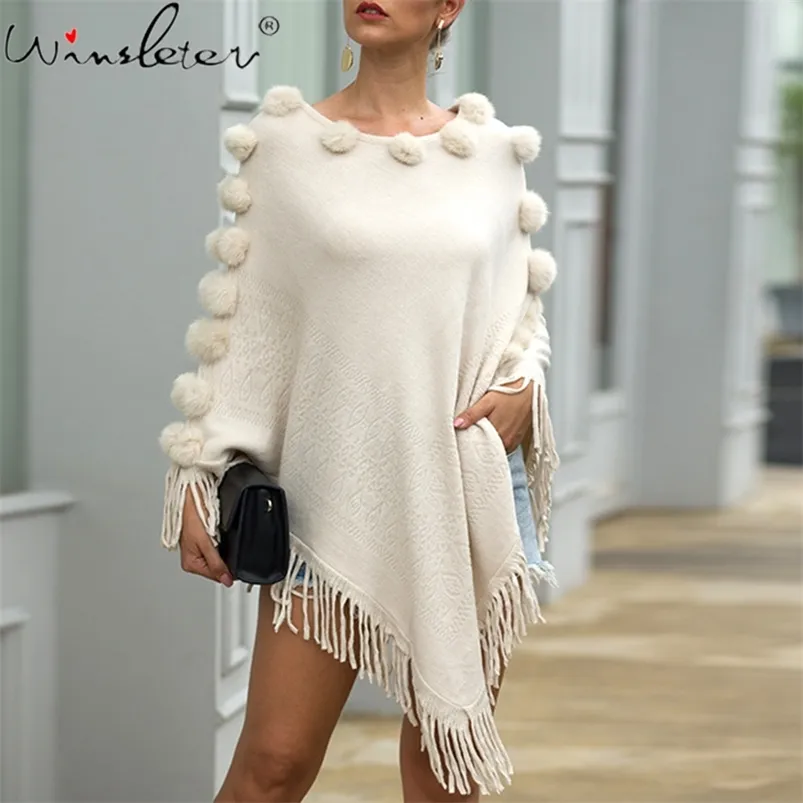 Vrouwen Poncho Tops Herfst Winter Dames Tassels Kaap Jas O Hals Warm Fringe Gebreide Sjaal Pullover Sweater C06401B 210421