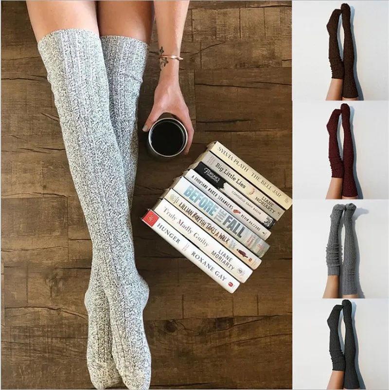 Women Over Knee Socks Fashion Female Sexy Stockings Warm Long Boot Knit Thigh-High Gray coffee Wine Black Xmas Gift Dancing Sox