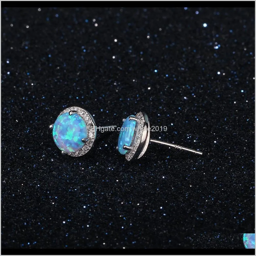 cheap wholesale 10 mm round shape simple blue opal stone stud earring designs with silver earring backs stoppers
