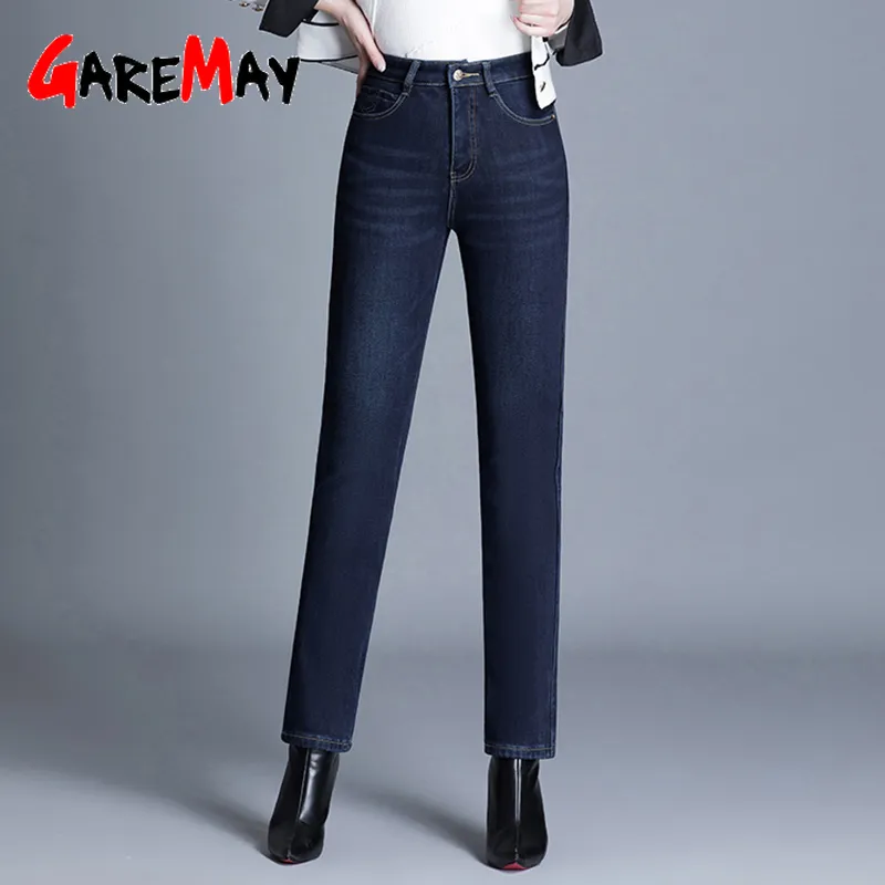 Vrouw winter mama jeans hoge taille grote maat fluwelen dikke rechte stretch met fleece warm voor vrouwen 210428