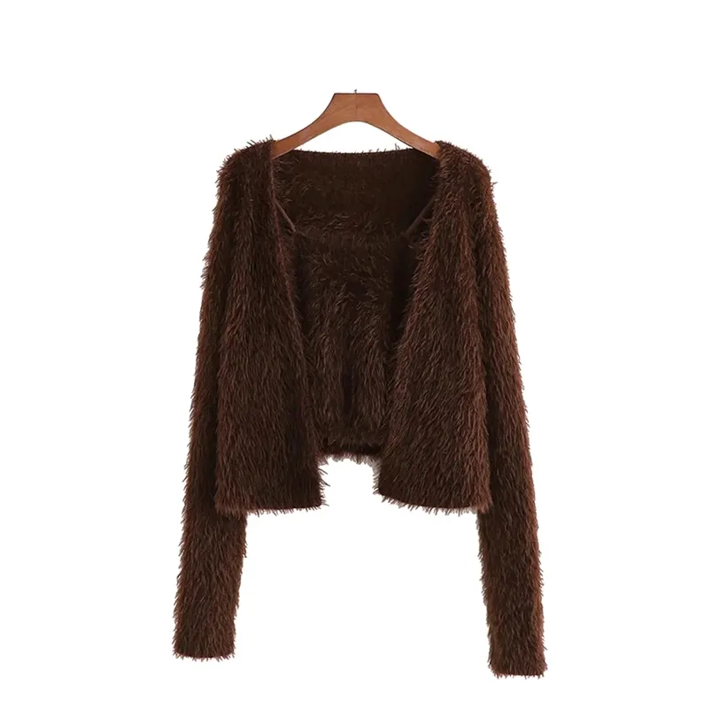 Women Casual Brown Hairy Camisole And Sweater Female Sweet Simplicity Long Sleeve Button Less Cardigan Chic Tops 210531