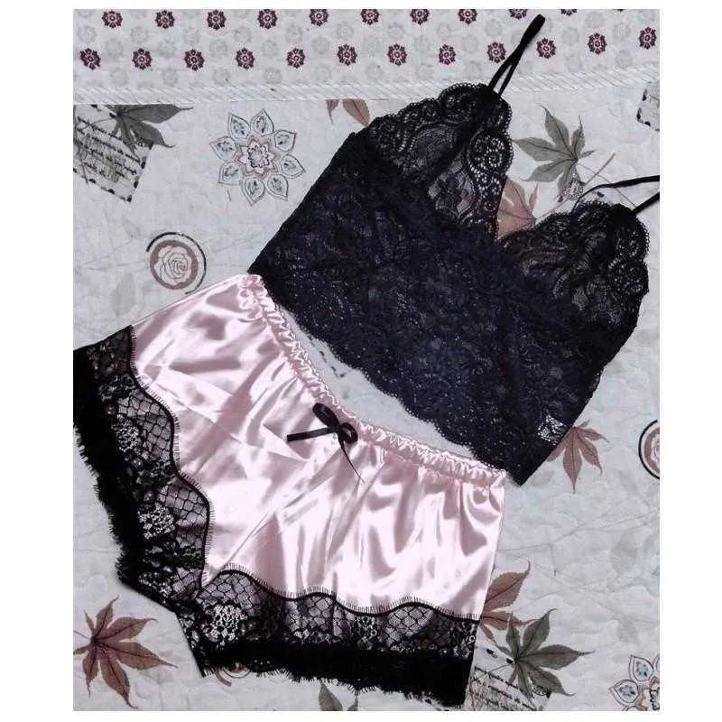 Lace Bow Pajama Vintage Women V Neck Panties Underwaist Ladies Sexy Satin Sleeve Less Lingerie Fashion 11bd G2