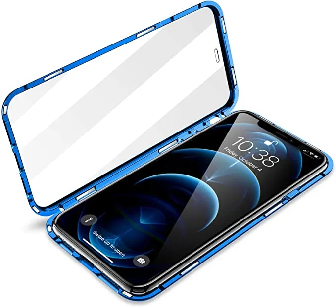 마그네틱 흡착 금속 프레임 케이스 전면 및 백 강화 유리 iPhone 12 Pro 최대 지원 무선 충전 50pcs / lot