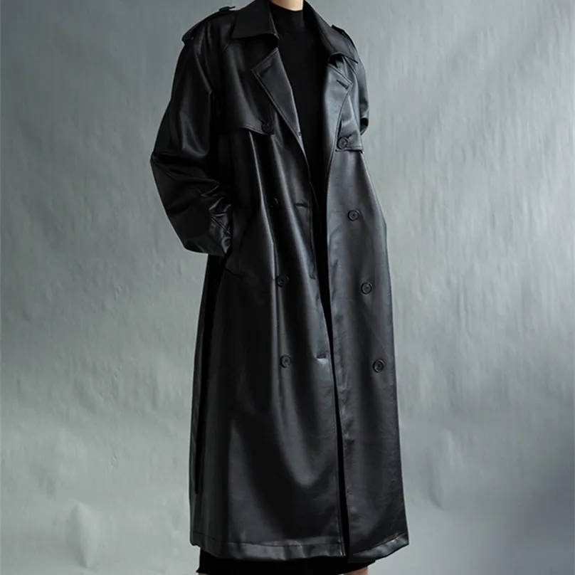 Lautaro Jesień Longvize Black Faux Leather Trench Płaszcz Dla Kobiet Z Długim Rękawem Pas Double Breasted Loose Moda 211130