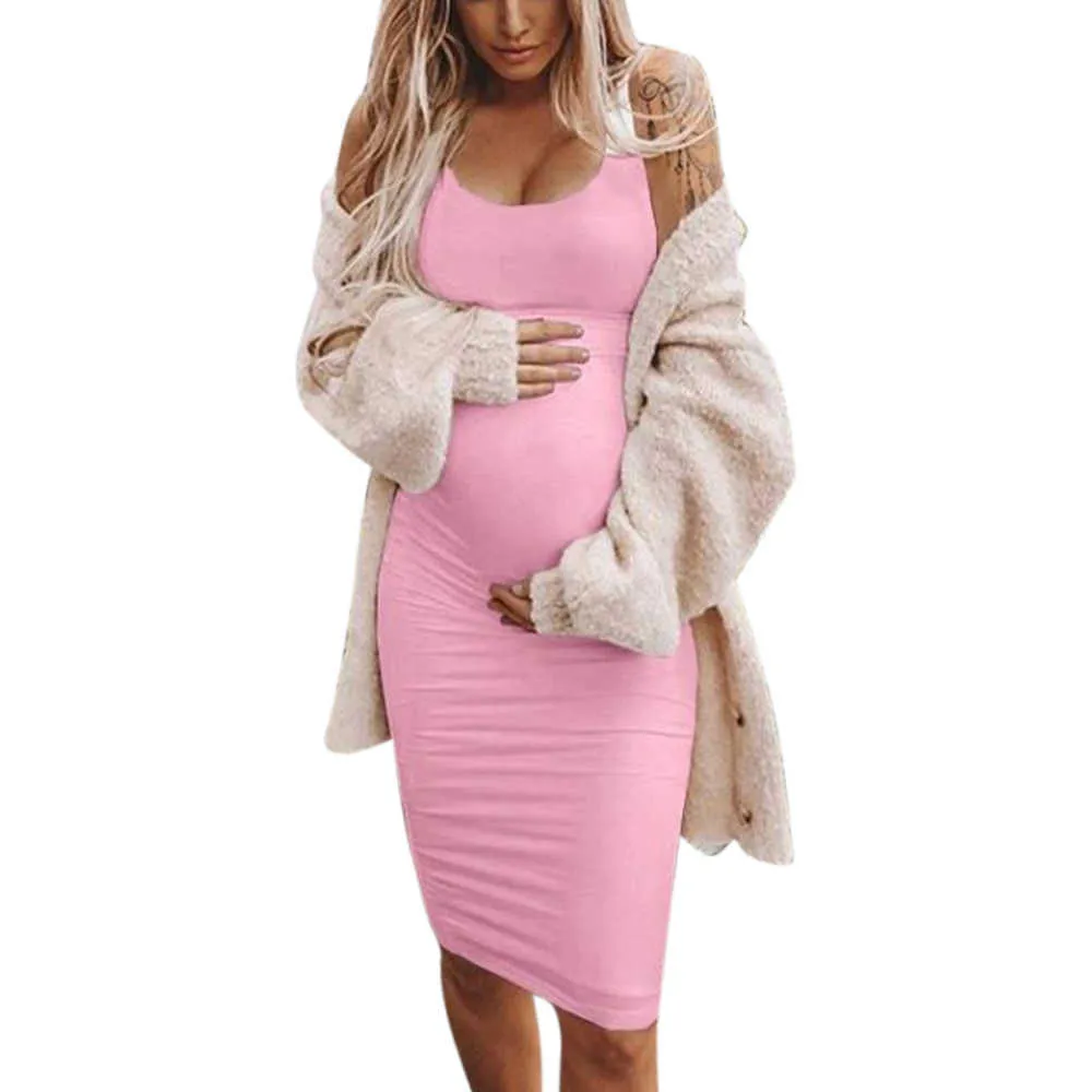 Stylish Sleeveless White Ribbed Maternity Dress for Summer - Straight O Neck, Solid Color, Casual Style - Q0713
