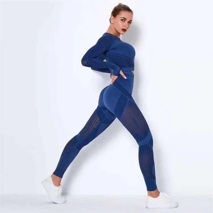 Kobiety Bezszwowe Siłownia Zestawy Wysokiej Talii Mesh Legginsy Koszule Garnitur Z Długim Rękawem Fitness Trening Sporty Bieganie Cienki Sport 211105