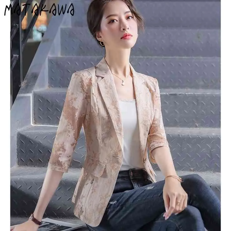 Matakawa Vit Chiffong Lace Print Små kostym Kvinnors Sommar Kvinnor Blazers Kort Tunt Koreansk Casual Kvinnors Suitjacka 210513