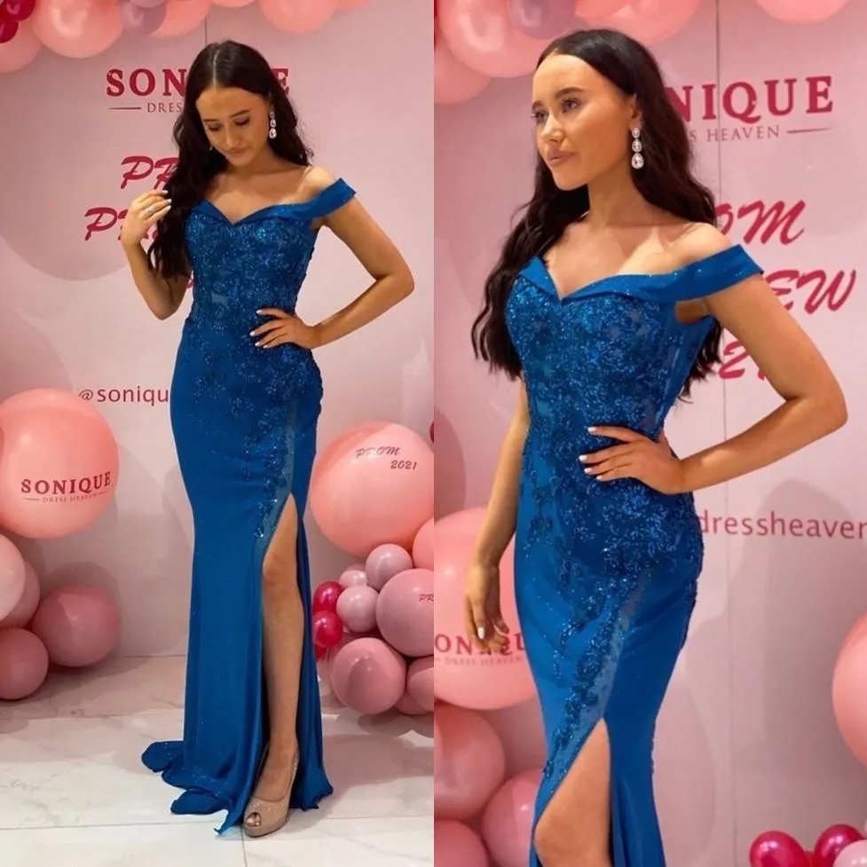 Plus Elegant Size Royal Blue Mermaid Evening Dresses Off Shoulder High Side Slit Lace Applique Beaded Prom Party Gowns Custom Made