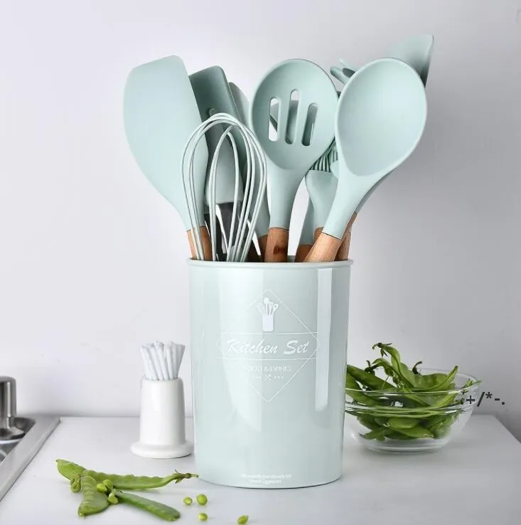 Outils de cuisine de Newsilicone avec poignée en bois 12 pcs Set non sévère Pan Pache Spade Soupe Soupe Soupe Cuillère Cuisine Huile de cuisson Cuisine Ustensiles EWC695