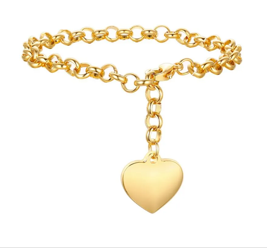 Bracelet à breloques d'amour en forme de coeur en acier inoxydable pour femmes filles chaîne Rolo argent or rose 5mm 8 pouces