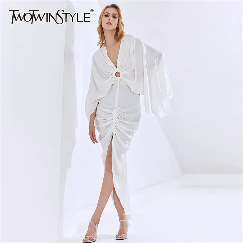 Robe blanche pour femmes col en V papillon à manches longues taille haute évider designer robes froncées femme été 210520