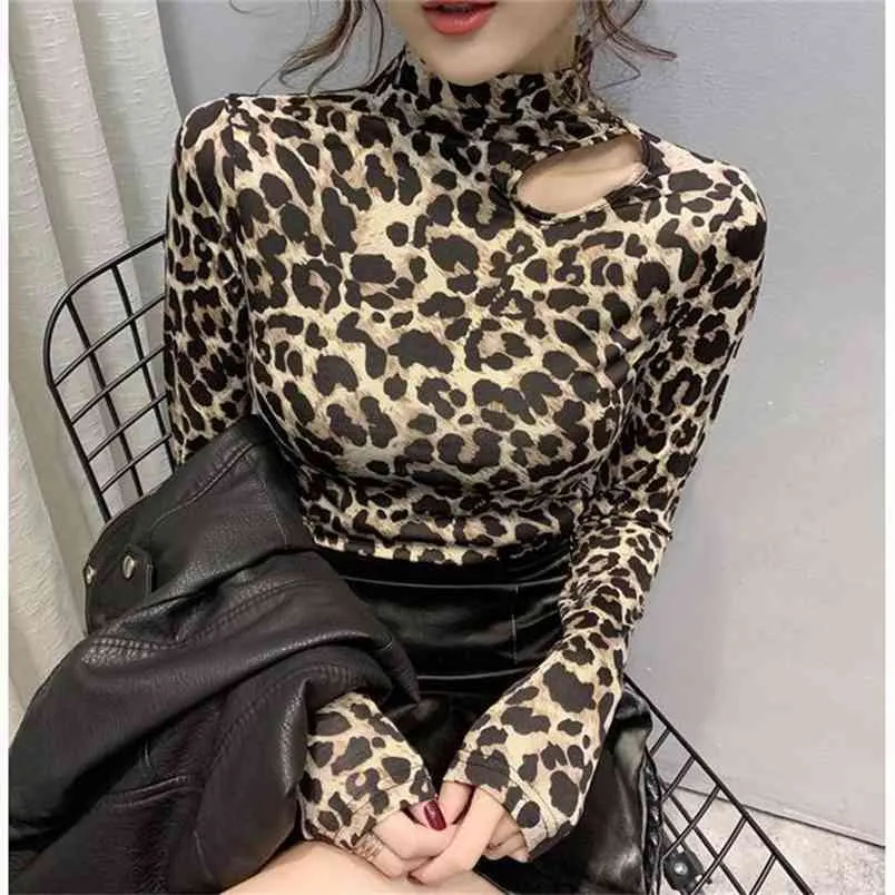 Sexy Hollow Out Leopard Print Women T-shirt Autumn Half Turtleneck Long Sleeve Bottoming Tshirt Casual Party Slim Tees Plus Size 210522