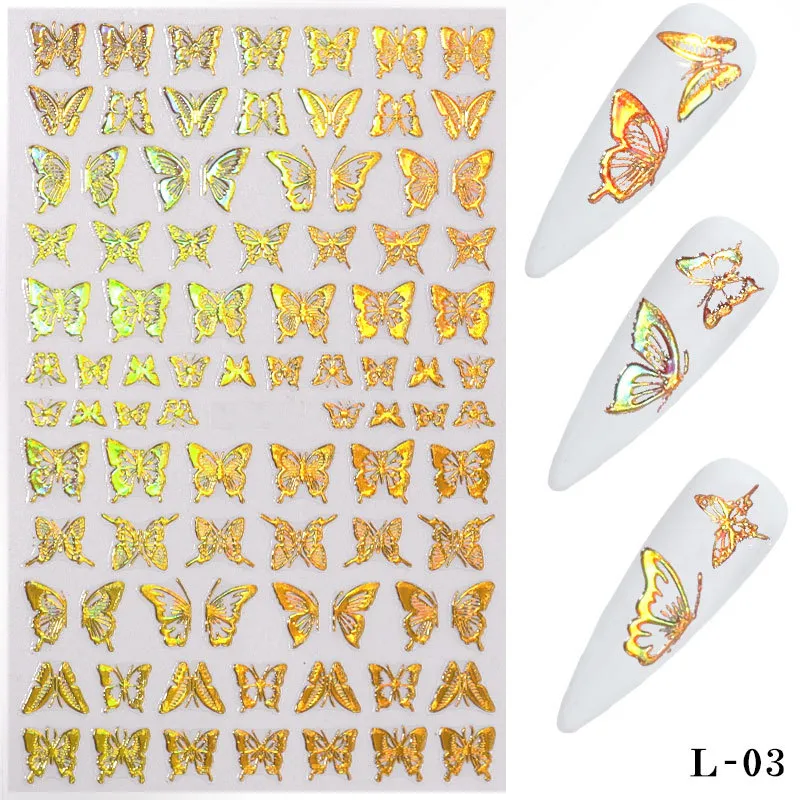 Heiße Neue Bronzing Laser Schmetterling Nagel Aufkleber Wasserdichte Dünne Gold Silber Schmetterling Nail art Dekorationen DIY J024