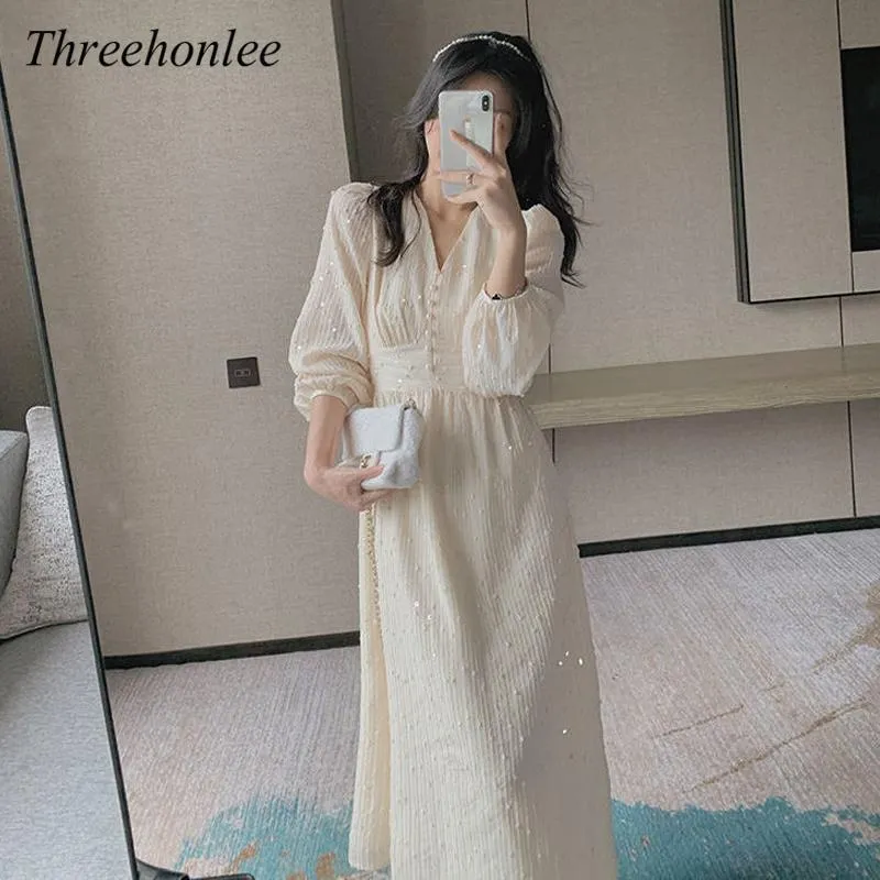 Casual Dresses Frauen Korean Puff Sleeve Midi Kleid 2021 Französisch Vintage Designer Pailletten Elegante Fee Frühling Hochzeit Party Weibliche Kleidung