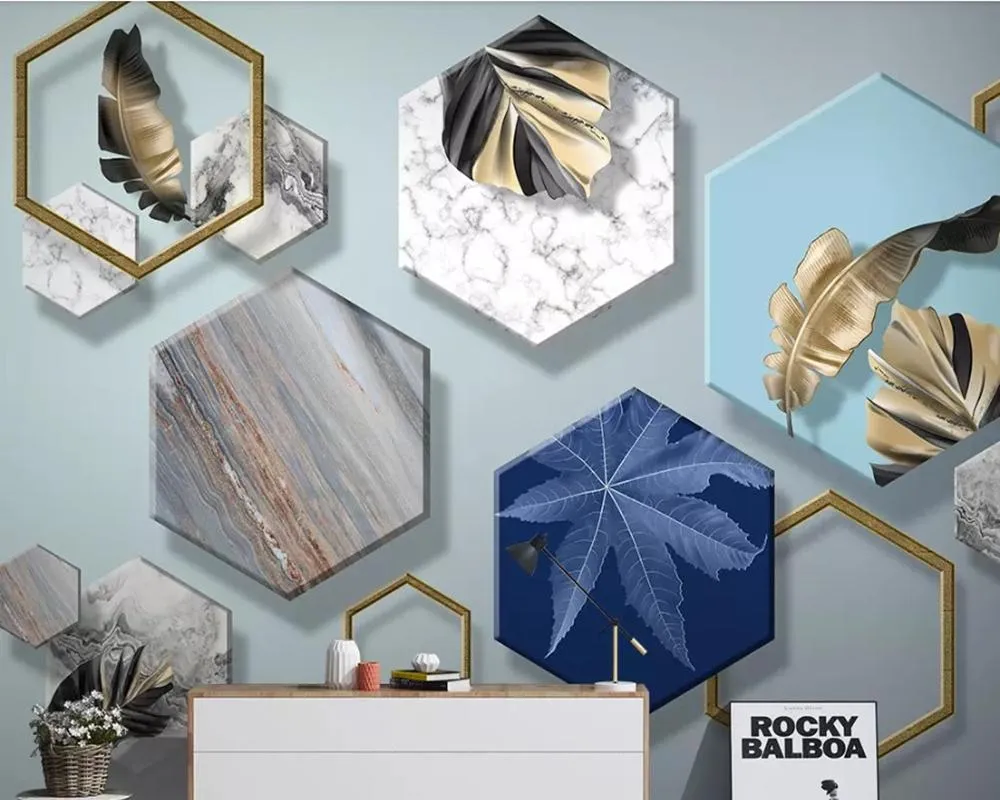 最新 壁紙papel De Paredeモダンなシンプルなステレオジオメトリゴールデン植物リーフ3d壁紙 リビングルームテレビソファーウォールベッドルームカフェバー壁画 売れ済超高品質 Www Care7 Org