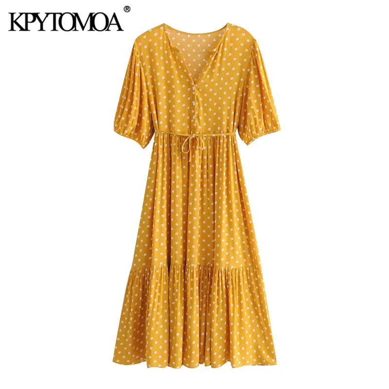 Kvinnor Chic Mode med bälte Polka Dot Midi Dress Vintage V Neck Kortärmad Kvinnlig Klänningar Vestidos Mujer 210416