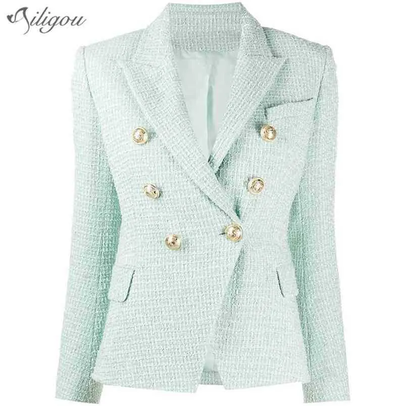 Tweed Mint Green Blazer Дамы Летние Куртка Пальто Тонкий Офис Бизнес Двухборкинутая тканая шерсть 210525