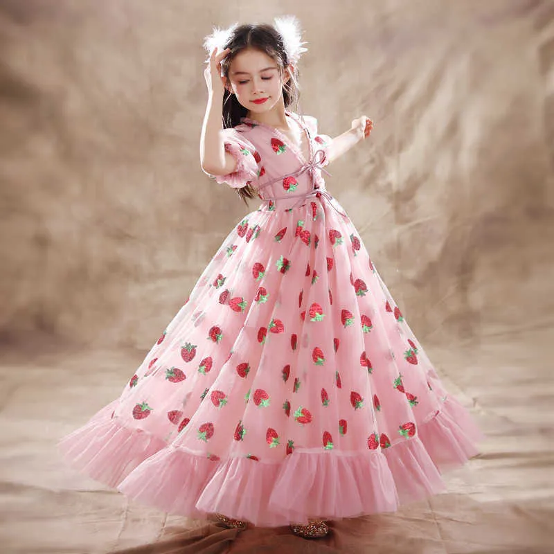 Gaze Sequin Enfants Dentelle Robe Lâche Filles Rose Fraise Princesse Robe Partie Piano Performance Robe Bébé Robes Pour Enfants Q0714