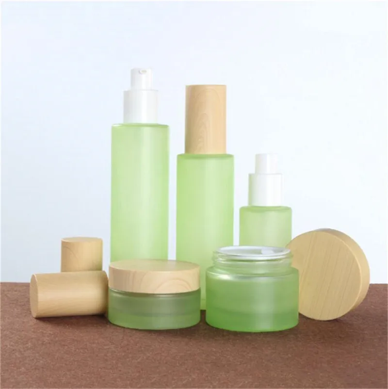 20ml 30ml 40ml 60ml 80ml 100ml 120ml Frosted Green Glass Bottle Cream Jar with Wood Lid Lotion Spray Pump Bottles Portable Refillable Cosmetic Container for Travel