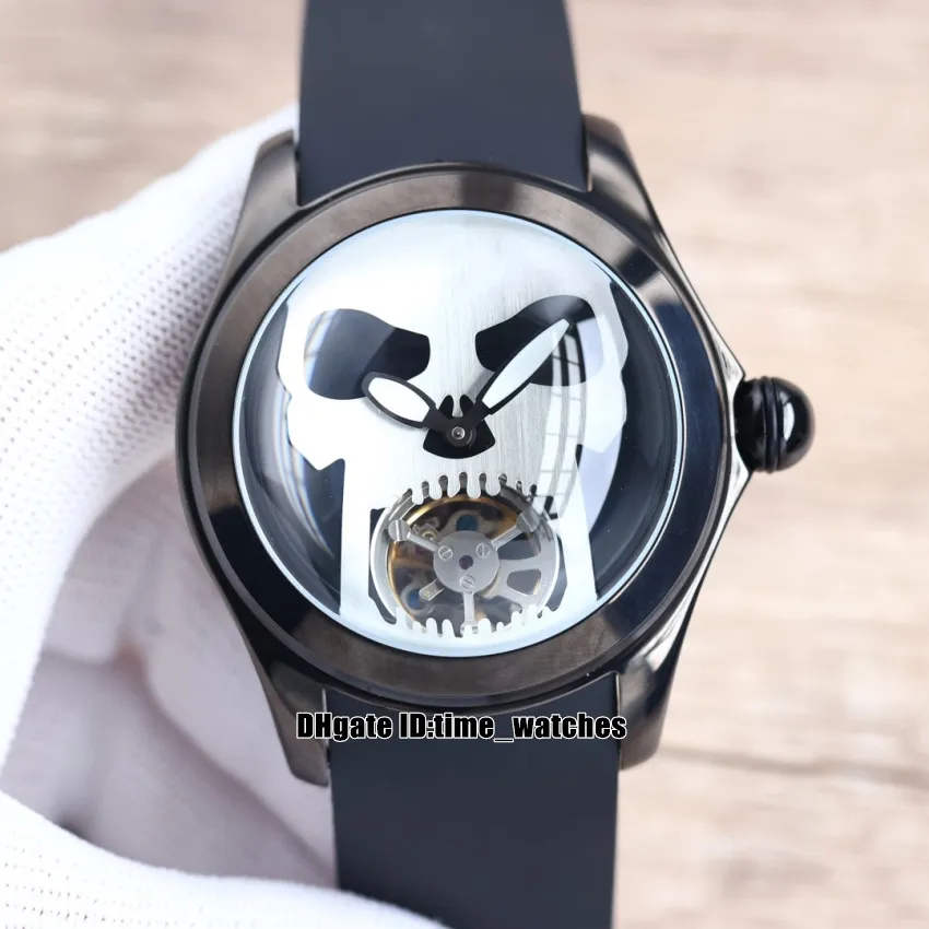 46mm Hot Bubble L016/03268 Automatic Mechanical Mens Watch PVD Black Steel Case Skull Tourbillon High Quality Sports Watches Black Rubber Strap 9 colors