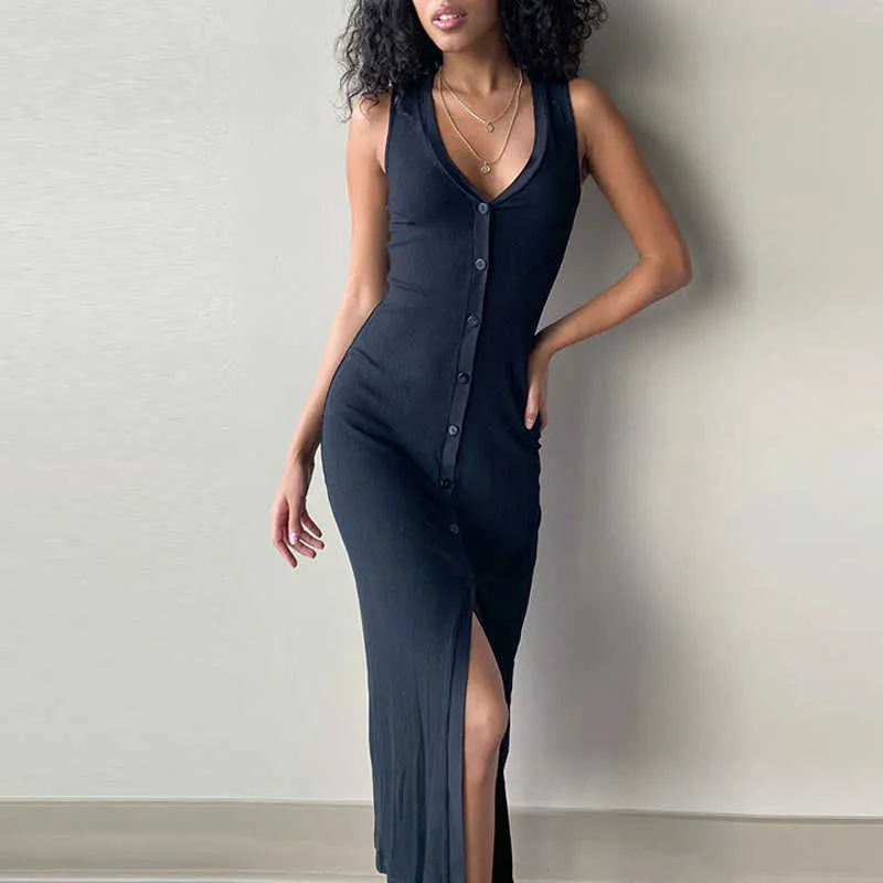 2021 Ciepły Spring Kobiety Midi Sukienka Office Lady Work Formalne Sexy Kombinezony Ogniowe Krajobraz Dress Dress Front Split Skinny Przyciski M0301 Y0603