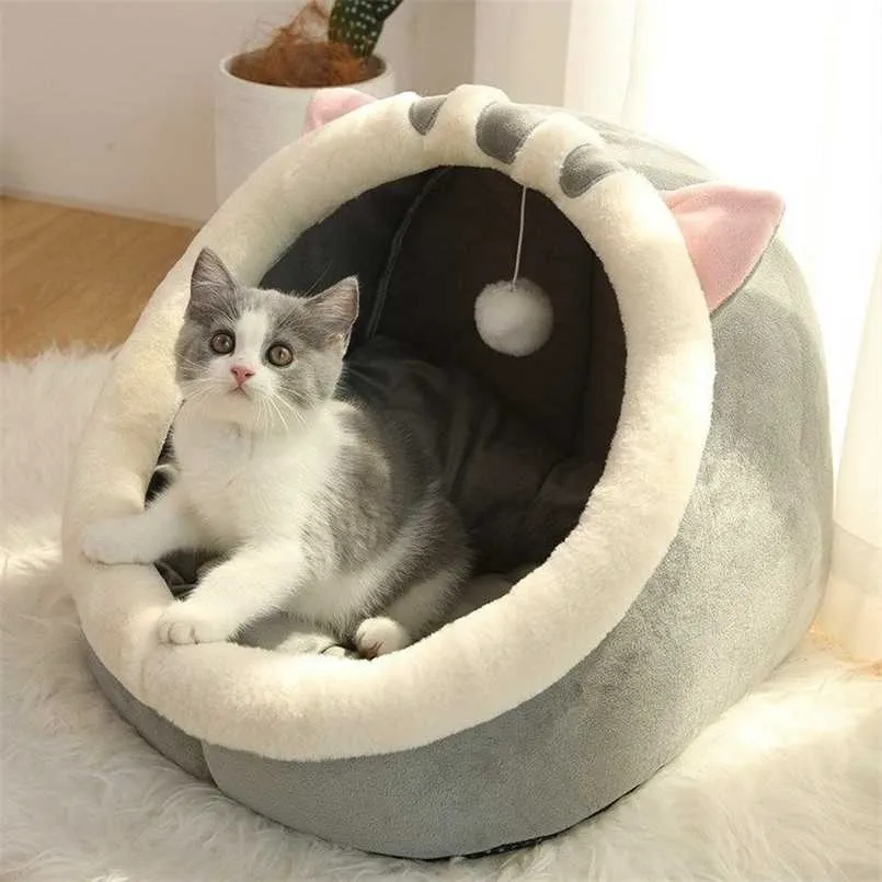 Cute Cat Bed With Warm Soft Mat Lovely House Pet For s Or Small Dogs Half Hooded Anti-Slip Machine Washable 211111