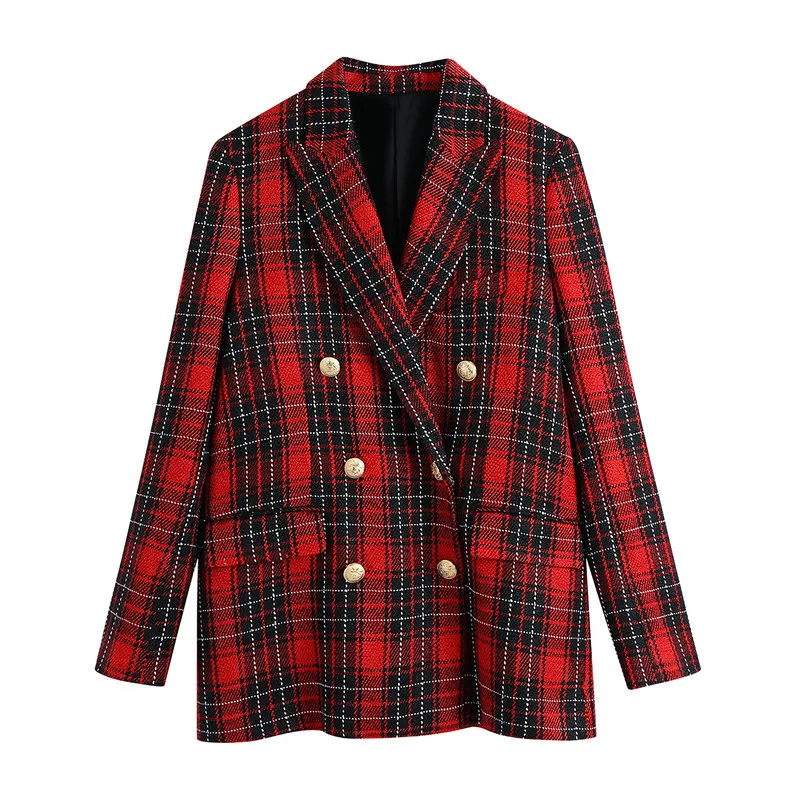 ジャケット・アウター Double Breasted Twill Long Blazer Womens Double Breasted Check Twill Blazer Coat Long Sleeve