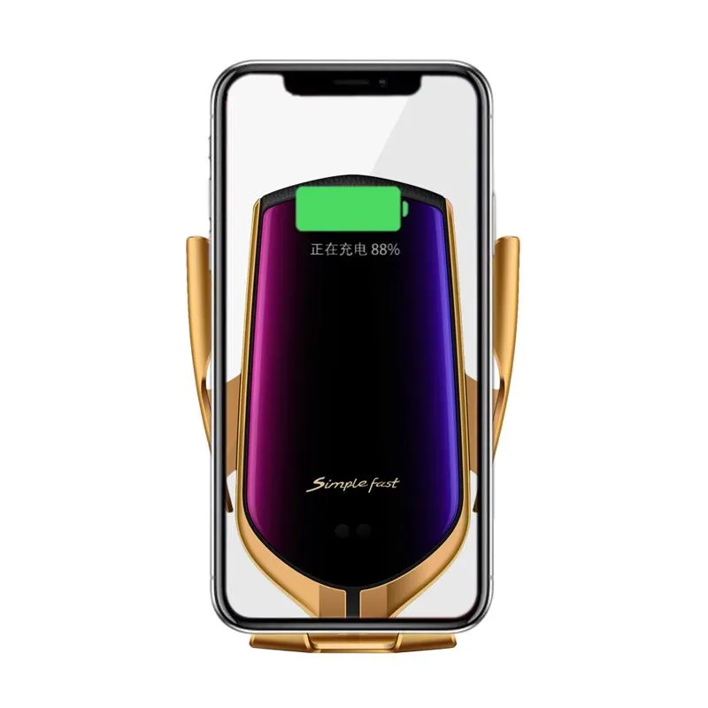 R1 Smart Automatisk klämbil Trådlös laddare för iPhone X XR XS 8 Plus Galaxy S10 S9 S8 Snabb Laddning Luftventil Mount Phone Holder