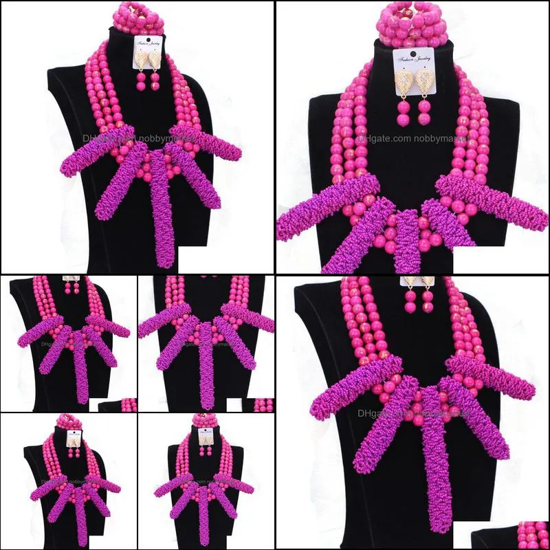 Earrings & Necklace Dudo Beads Jewelry Set African Purple Beaded Handmade Nature Stone Nigeria Jewellery